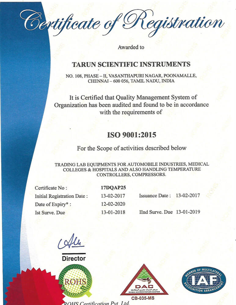 Tarun Scientific Instruments ISO Certificate